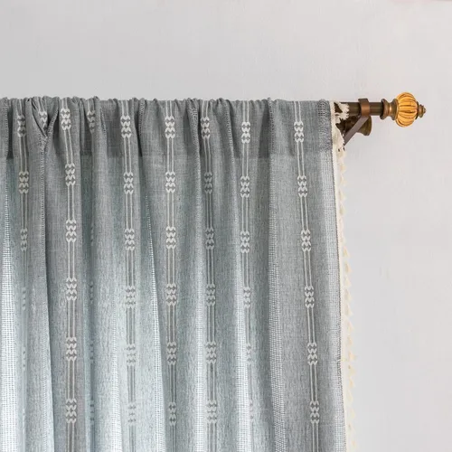 Miniatura 15 de 2 paneles de cortinas de lino semiopacas para ventana, bohemias y rústicas, con rayas bordadas y bolsillo para cortinero, para sala de estar