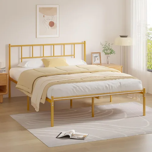 Miniatura 14 de VECELO Marco de cama de plataforma de metal completo con cabecero, soporte de listones de acero resistente, almacenamiento debajo de la cama,
