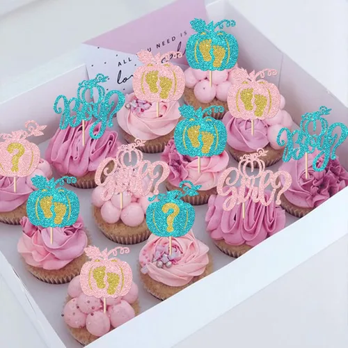 Miniatura 4 de Paquete de 24 adornos para cupcakes de calabaza para niños o niñas, con purpurina para revelación de género, calabaza, pies de bebé, para baby