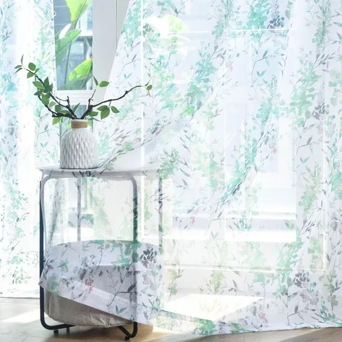 Kotile Cortinas traslúcidas color verde y blanco, cortinas traslúcidas con estampado de hojas de campo de 63 pulgadas de largo para dormitorio,