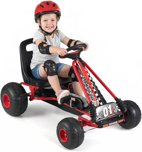 Miniatura 11 de HONEY JOY Go Kart para niños, 4 ruedas con pedal todoterreno cuádruple a pie con volantes y asiento ajustable, 2 frenos de seguridad, neumáticos Rojo
