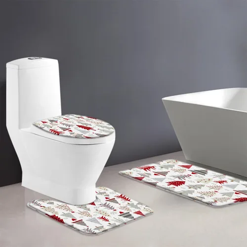 Miniatura 2 de GCTNBJL Juego de 3 alfombrillas de baño para árbol de Navidad, diseño de copo de nieve, rojo, gris, dibujos animados, invierno, vacaciones, baño