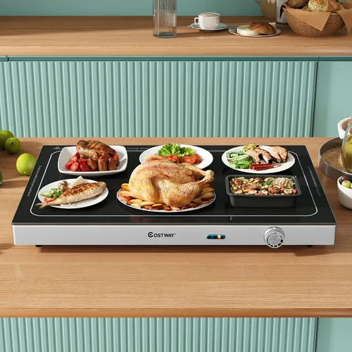 Miniatura 9 de COSTWAY Bandeja de calentamiento eléctrica con temperatura ajustable y asas integradas, calentador de alimentos con parte superior de vidrio
