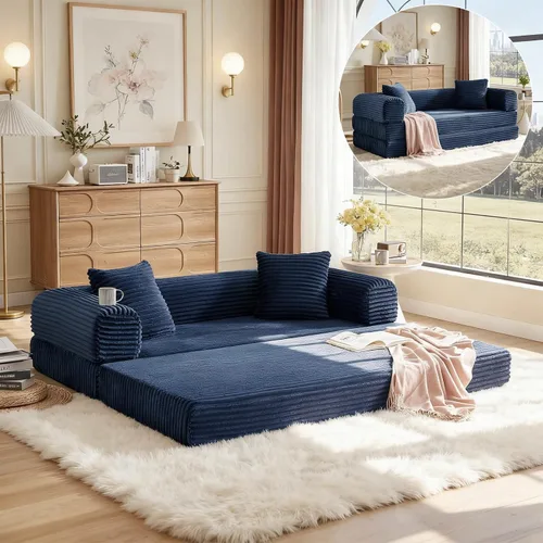 4-in-1 Convertible Folding Sleeper Sofa Bed, Fold Out Floor Sofa Couch with Fixed-Shape Frame, Cloud Corduroy Foldable Mattress Couch for Living