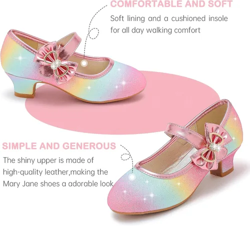Miniatura 5 de Dufannie Zapatos de vestir para niñas, zapatos de tacón bajo de princesa, zapatos planos con purpurina para bodas y fiestas