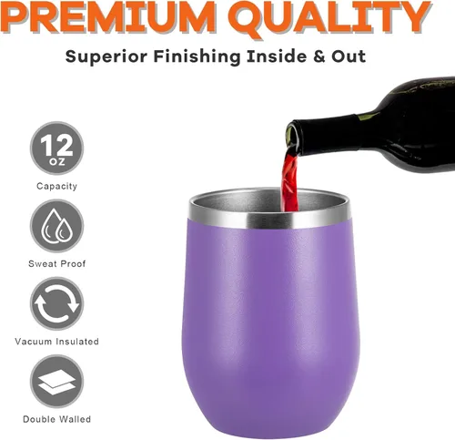 Miniatura 4 de COMOOO Paquete de 4 vasos de vino de acero inoxidable con tapa y pajita, 12 onzas, doble pared aislada al vacío, vaso de viaje sin tallo
