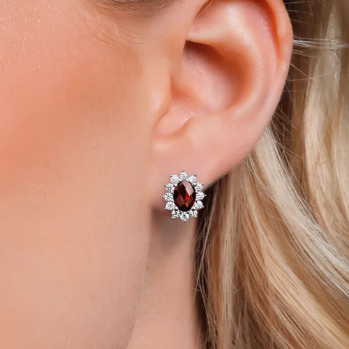 Miniatura 262 de Gem Stone King Aretes ovalados de plata de ley 925 de 0.276 x 0.197 in con piedra natal de la princesa Diana, estilo halo real para mujeres