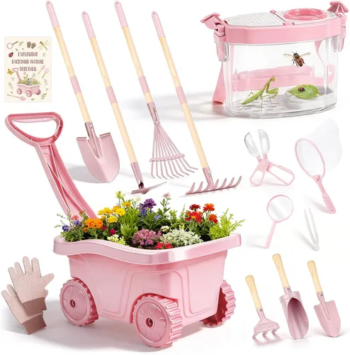 Miniatura 8 de Dreamon Herramientas de jardinería para niños y kit de atrapador de insectos, juguetes para exteriores 2 en 1 con carretilla y casa de insectos