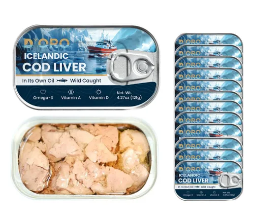 Miniatura 10 de D'ORO Hígado de bacalao islandés prémium en aceite – Delicia gourmet capturada en la naturaleza, rica en omega-3 y vitamina D 4.27 oz (121 gr) 3
