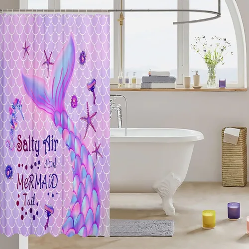 Miniatura 3 de Cortina de ducha infantil para niñas, sirena, cortina de baño de sirena de 72 x 72 pulgadas, cortina de baño con cola de sirena morada, cortina