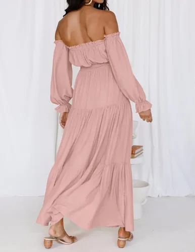 Miniatura 51 de ZESICA - Vestido largo, bohemio y sexy, con hombros descubiertos y manga larga fruncida, con elástico fruncido, cintura alta y abertura lateral