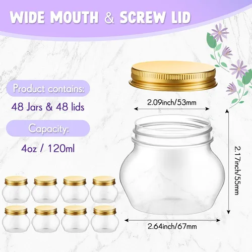 Miniatura 2 de Hsei 48 tarros de plástico transparente de 4 onzas con tapas de boca ancha, mini recipientes de almacenamiento a granel para hierbas, gelatina