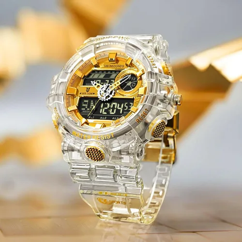 Miniatura 3 de Relojes PINDOWS para hombre, transparente dorado, analógico digital, doble hora, 50M resistente al agua, retroiluminación LED, multifuncional