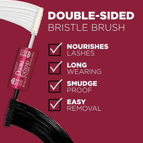 Miniatura 5 de L'Oreal Paris Máscara de pestañas de doble extensión con tubo, máscara de alargamiento de 2 pasos, a prueba de manchas, negro