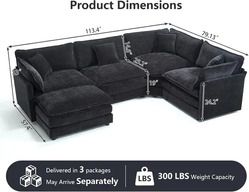 Miniatura 2 de Sofá modular Cloud seccional, moderno sofá modular en forma de L de felpilla con otomana y almohadas, sofás esquineros de asiento profundo de 5 Negro