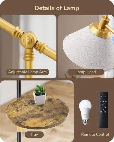 Miniatura 7 de EDISHINE - Lámpara de pie de arco de 68" con mesa, lámpara de pie vintage para sala de estar con bandeja, altura ajustable, bombilla LED de 5