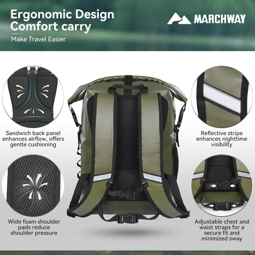 Miniatura 3 de MARCHWAY Mochila impermeable con parte superior enrollable, bolsa seca flotante de 20L/30L/45L con base rectangular ergonómica, espalda acolchada
