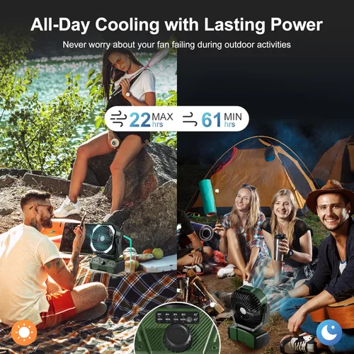 Miniatura 2 de Odoland Ventilador de campamento de 40000 mAh con luz LED, ventilador de escritorio oscilante a batería con control remoto y gancho, ventilador Verde