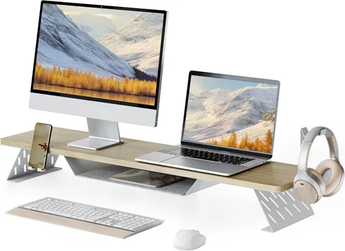 Miniatura 10 de Fenge Soporte de monitor doble, elevador de monitor de 42.5 pulgadas para escritorio, estante de escritorio de madera para 2 monitores, estante