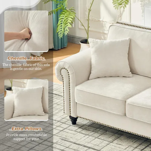 Miniatura 7 de Juego de sofá moderno y sofá biplaza Chesterfield de chenilla de lujo, cómodo sofá tapizado con asiento profundo con reposabrazos enrollados y Beige