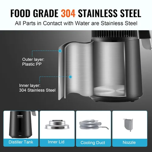 Miniatura 5 de VEVOR Destilador de agua, destilación de agua pura de 4 l/1.05 galones para encimera del hogar, máquina de agua destilada de 750 W, destilador