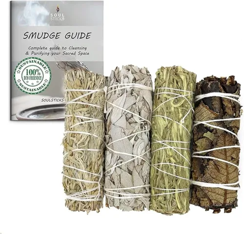 Soul Sticks Set de regalo variado de palos de salvia (paquete de 4) – blanco, negro, azul y verde salvia para limpieza y curación | Guía de manchas