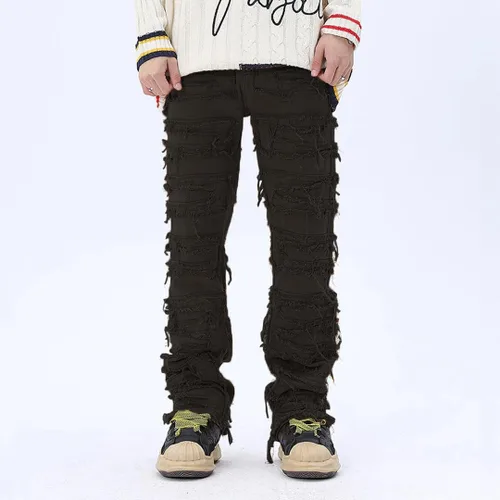 Miniatura 4 de XYGJZ Pantalones de mezclilla rasgados para hombre, pantalones de mezclilla de pierna recta destruidos sólidos desgastados