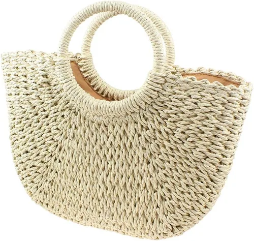 Bolsa de paja para mujer bolsa de playa de paja de verano grande tejida redonda asa de mano Hobo Natural Rattan Travel Beige talla única