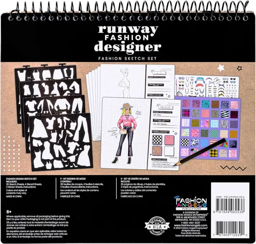 Miniatura 9 de Fashion Angels Portafolio de diseño de pasarela de moda, incluye 35 hojas de bocetos con 4 páginas de plantillas y más de 150 calcomanías, ideal