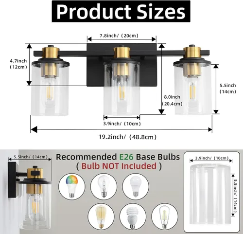 Miniatura 5 de LOUSACE Lámpara de baño negra y dorada, 3 luces de tocador de baño, moderna luz de baño sobre espejo con pantallas de vidrio transparente, enchufe