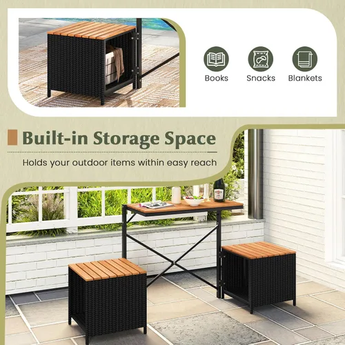 Miniatura 5 de Tangkula Mesa de bar convertible 3 en 1, mesa y sillas plegables para exteriores con marco de metal y ratán tejido, sofá biplaza de madera de acacia