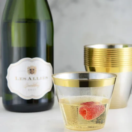 Miniatura 6 de Paquete de 100 vasos de plástico de 9 onzas con purpurina dorada con borde dorado, tazas de fiesta de alta calidad, elegantes y resistentes, bodas