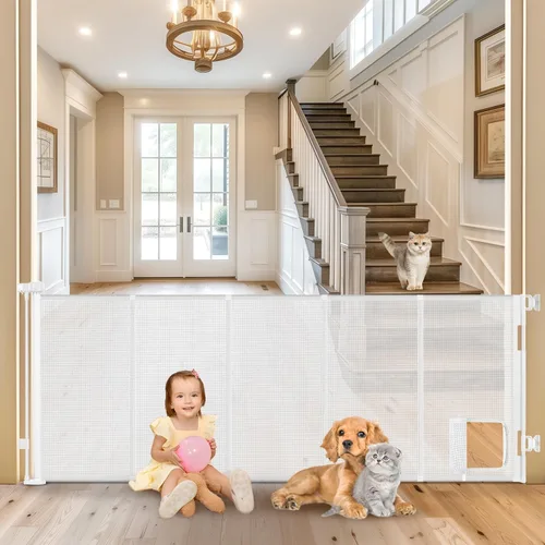 Puerta retráctil extra ancha reforzada de 90 pulgadas para bebés con puerta para gatos, puertas retráctiles de 33 pulgadas de alto para perros Blanco