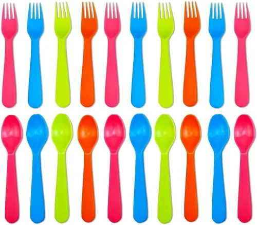 Miniatura 9 de Jawbush 16 utensilios de plástico para niños, utensilios de alimentación reutilizables para niños pequeños con 8 tenedores y 8 cucharas, coloridos