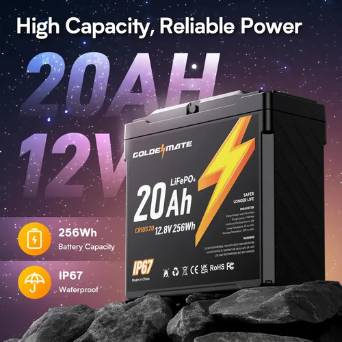 Miniatura 2 de GOLDENMATE Batería LiFePO4 de 12V 20Ah, impermeable IP67, batería de litio de 12V con más de 5000 ciclos profundos, BMS incorporado, celda