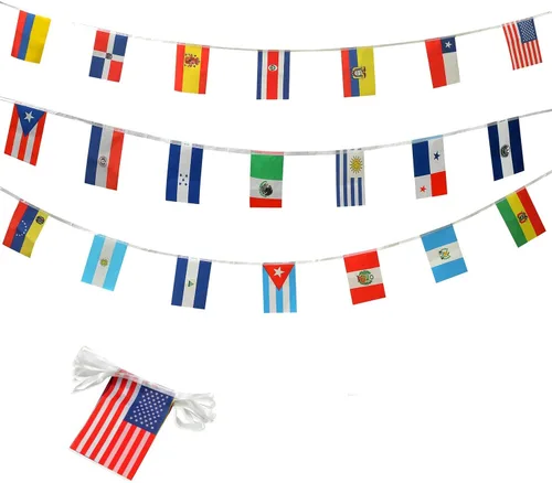ZXvZYT Bandera de América Latina con 21 países, banderín para colgar en español, banderín para decoración nacional de aula, escuela, deportes,