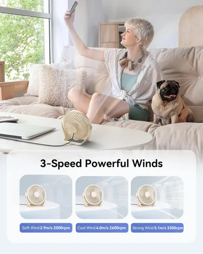 Miniatura 4 de Edvision Ventilador de escritorio USB, pequeño portátil de 5 pulgadas, 3 velocidades, potente mini ventilador de escritorio personal, rotación