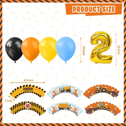 Miniatura 4 de Suministros de fiesta de cumpleaños de construcción para niños de 2 años, 139 piezas de decoraciones de fiesta de camión volquete para niños y bebés