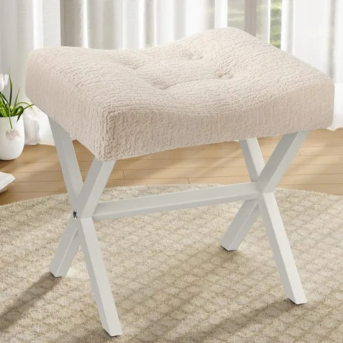 Miniatura 23 de Memobarco Taburete Silla de Tocador de 18 Pulgadas, Banco de Tocador con Patas en X de Metal, Taburete Otomán de Acento con Tela Bouclé Transpirable