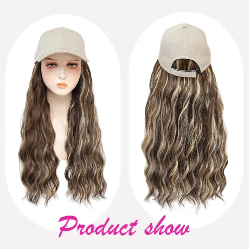 Miniatura 2 de Gorra de béisbol con peluca de cabello largo ondulado natural, con gorra, resistente al calor, mezcla sintética marrón rubio, fibras ajustables