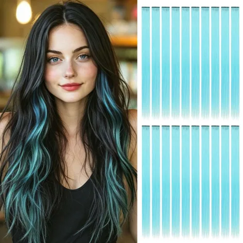 Miniatura 23 de 20 extensiones de cabello con clip de colores para niñas, extensiones de cabello arcoíris multicolor de 20 pulgadas, reflejos instantáneos, piezas