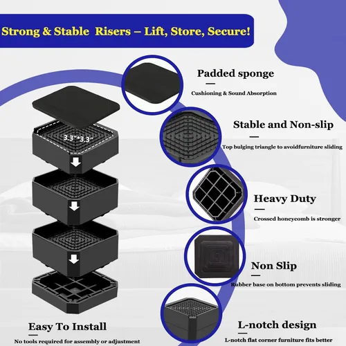 Miniatura 3 de Elevadores de cama resistentes, bloques elevadores de muebles ajustables de 1.5, 3, 4.3 pulgadas para patas de sofá, mesa, escritorio, refrigerador
