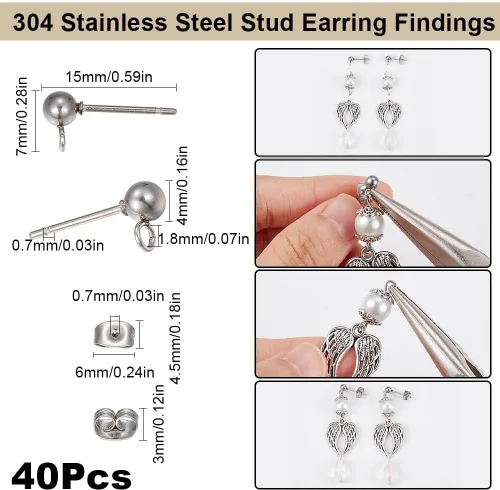 Miniatura 2 de SUNNYCLUE 1 caja, 80 unidades, 20 pares de aretes de bola, aretes de acero inoxidable 304 con lazo de 0.157 pulgadas para hacer joyas, accesorios