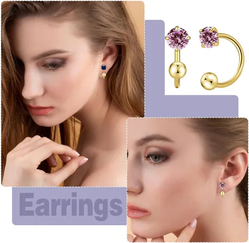 Miniatura 5 de Pequeños aretes de piedra natal natural de 0.118 pulgadas para mujeres, adolescentes y niñas, pequeños aretes de medio aro para cartílago