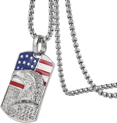 HZMAN Collar patriótico de águila estadounidense de acero inoxidable para hombres y mujeres, con circonita cúbica, bandera americana, colgante de