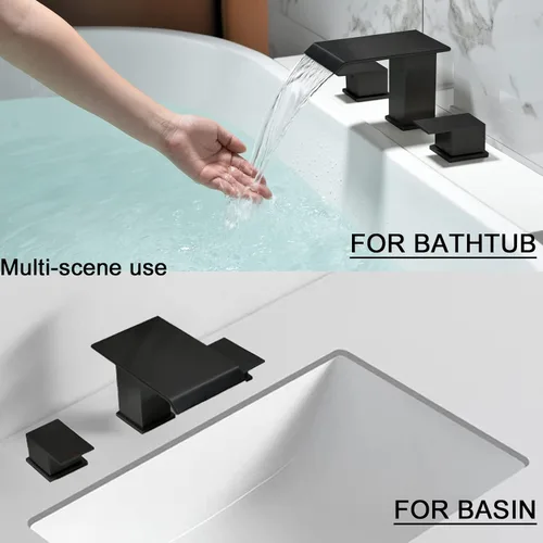 Miniatura 2 de Grifo de bañera romano negro mate, juego de grifo de bañera de montaje en cubierta, 3 agujeros, cascada, grifo de bañera de alto flujo, relleno