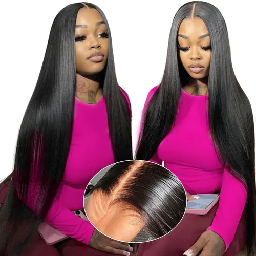 Miniatura 21 de mengkai Pelucas de cabello humano de 32 pulgadas con encaje frontal de 13x6, cabello humano predesplumado liso, peluca frontal de encaje HD