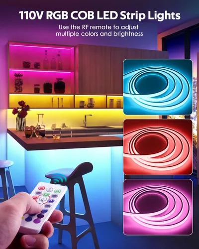 Miniatura 3 de 110V Tira de luz LED RGB COB Bluetooth de 10 pies, tira de luces LED multicolor ajustable flexible con control remoto, sincronización de música
