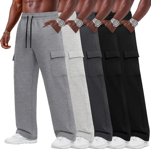 Locoowai Paquete de 5 pantalones deportivos tipo cargo grandes y altos para hombre, holgados, pierna recta, parte inferior abierta, con cordón y