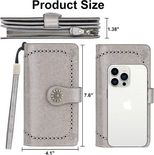 Miniatura 6 de Lavemi - Cartera de piel con bloqueo RFID para mujer, de gran capacidad, para llevarla a la muñeca